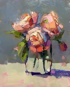 a painting of pink roses in a vase