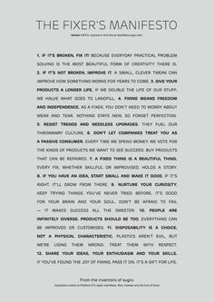 an advertisement for the fixer's manifesto, which is written in black and