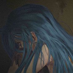 a painting of a woman with blue hair looking down at her cell phone in the dark