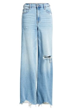 A modern take on '90s dad jeans, this stretchy pair adds drama to your look with a ripped knee, destroyed hems and roomy, full-length legs. 31" inseam; 11 1/2" front rise Zip fly with button closure Five-pocket style 93% cotton, 5% polyester, 2% spandex Machine wash, tumble dry Imported Relaxed Fit Light Wash Ripped Flare Jeans, Trendy Ripped Relaxed Fit Cropped Jeans, Trendy Relaxed Fit Ripped Cropped Jeans, Trendy Ripped Cropped Jeans With Relaxed Fit, Distressed Relaxed Fit Cropped Cutoff Jeans, Medium Wash Ripped Relaxed Fit Flare Jeans, Distressed Cropped Cutoff Jeans With Relaxed Fit, Relaxed Fit Ripped Denim Blue Flare Jeans, Ripped Relaxed Fit Cropped Jeans