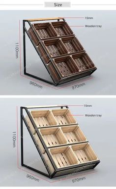 an open and closed wooden box with compartments on each side, showing the size and width