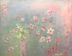 an abstract painting with pink flowers and stars