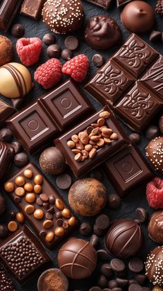 assorted chocolates, nuts and raspberries spread out on a black surface