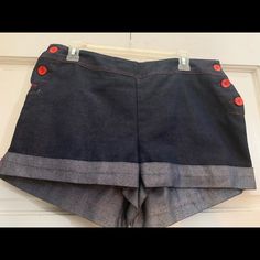 Nwot Glam Couture Blue Denim Nautical Shorts Size Xl Retro Denim Bottoms With Built-in Shorts, Fitted High-waisted Dark Wash Shorts, Navy Relaxed Fit Shorts, Fitted Medium Wash Shorts With Pockets, Dark Wash Cotton Bottoms With Button Closure, Dark Wash Cotton Bottoms With Short Length, Short Length Cotton Bottoms In Dark Wash, Fitted Dark Wash Shorts, Fitted Dark Wash Short Length Shorts