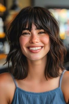 35 Stunning Medium-Length Hairstyles with Bangs - The Hairstyle Edit Shoulder Length Hair With Straight Bangs, Short Bangs With Layers, Women Bangs Haircut, Long Choppy Bob With Bangs, Long Textured Bob With Bangs, Medium Length Haircut With Bangs For Fine Hair, Textured Hair With Bangs, Lob Haircut Bangs, Textured Curtain Bangs