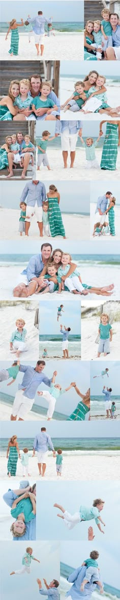 multiple images of people in different poses on the beach, with one woman holding her arms out