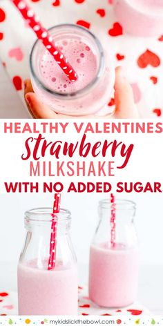 strawberry milkshake with no added sugar in two glass jars and straws on the side