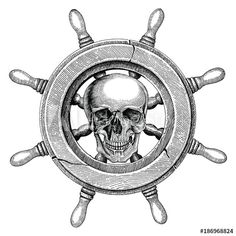 a drawing of a skull in a ship's wheel with two crossed swords around it