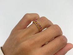 Gold Ruby Ring set with Natural Ruby in a top quality, perfect diamond cut & flawless clarity, at 3mm diameter, weighting 1Ct combined. Made of Gold Vermeil ☞ thickest 18k Gold Plating on top of Solid 925 Sterling Silver ☞ made to last. Matching Earrings: www.etsy.com/listing/1030718971 Matching Pendant: www.etsy.com/listing/1016754976 ☞ Choose your size ☞ I resize (before shipping) for FREE to Any size* *Sizes 13-16 U.S. need to be custom made & May include an additional cost, I will contact yo Red Birthstone Promise Ring With Round Band, Red Ruby Ring For Promise With Round Band, Red Ruby Promise Ring With Round Band, Red Ruby Birthstone Ring With Round Band, Fine Jewelry Stackable Red Birthstone Ring, Red Stackable Birthstone Ring In Fine Jewelry Style, Red Ruby Ring With Vvs Clarity, Red Ruby Ring With Vvs Clarity And Round Cut, Red Stackable Birthstone Ring