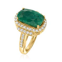 Ross-Simons - 7.50ct Emerald Ring, .69ct t. w. Diamonds in 18kt Yellow Gold Over Sterling. Size 5. An RS exclusive. Adorn your jewelry box with our verdant gemstone statement! Spotlighting an eye-catching 7.50 carat rectangular cushion-cut emerald nestled within the sizzling sparkle of .69 ct. t. w. diamond rounds. Set in polished 18kt yellow gold over sterling silver. 5/8" wide. Diamond and emerald ring. Diamond birthstones are the perfect gift for April birthdays. Fine Jewelry Emerald Ring With Pave Setting, Formal Emerald Ring With Pave Setting, Formal Yellow Gold Emerald Ring With Pave Setting, Formal Round Cut Emerald Ring With Pave Setting, Exquisite Pave Setting Emerald Anniversary Ring, Elegant Emerald Ring In Yellow Gold With Pave Setting, Elegant Emerald Ring With Pave Setting In Yellow Gold, Elegant Yellow Gold Emerald Ring With Pave Setting, Dazzling Yellow Gold Emerald Ring For Formal Occasions