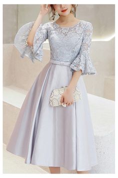 Shop elegant tea length semi party dress with lace sleeves online. Sheprom offers formal, party, casual & more style dresses to fit your special occasions. Midi Homecoming Dresses, Dress With Lace Sleeves, Grey Tea, Evening Gowns Elegant, Long Evening Gowns, فستان سهرة, Midi Cocktail Dress, Prom Dresses With Sleeves, Tea Length Dresses