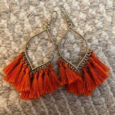 Never Worn. Have Been In My Jewelry Box Since Purchased Bohemian Orange Tassel Earrings For Party, Adjustable Orange Tassel Earrings, Summer Orange Tassel Earrings Gift, Orange Tassel Jewelry For Summer, Orange Fringe Tassel Earrings For Gift, Orange Tassel Earrings Gift, Orange Fringe Tassel Earrings For Summer, Orange Beaded Tassel Earrings As Gift, Orange Tassel Dangle Earrings