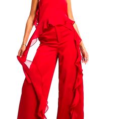 A Size 12 Asos Beautiful Two Piece Wide Leg Pants And A Chiffon Ruffle Draped One Shoulder Top In Red. It Can Be Worn As A Formal Dress. Wedding, Baby Shower, To Name The Rest. Who Ever Gets This Two Piece Will Enjoy It. It's Very Classic. Chic Chiffon Party Bottoms, Chic Red Wide Leg Pantsuit, Red Wide Leg Pantsuit For Party, Elegant Chiffon Pants For Party, Chic Chiffon Party Pants, Chic Red Pantsuit For Party, Evening Wide Leg Ruffled Pants, Wide Leg Ruffled Pants For Evening, Red Pants For Summer Evening Events