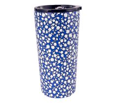 a blue and white ceramic vase with flowers on the outside, against a white background