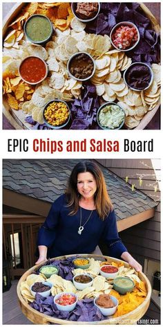 a woman standing in front of a platter full of chips and salsas with the caption epic chips and salsa board