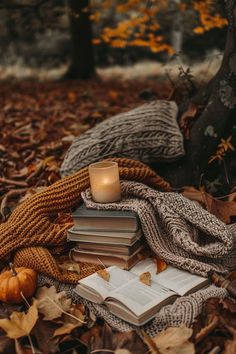 a pile of books sitting on top of leaves next to a candle and some pumpkins