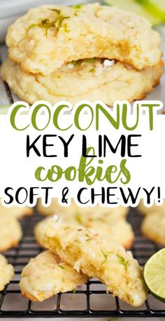 coconut key lime cookies soft and chewy on a cooling rack with lime wedges