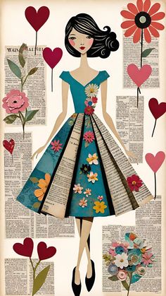 a woman in a blue dress with flowers and hearts on the pages of an old book