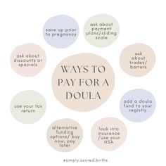 the words, ways to pay for a doula in different colors and font styles