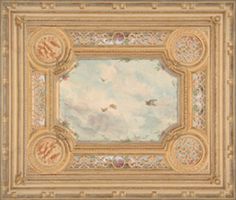 an ornate painting with birds flying in the sky and clouds on it's ceiling