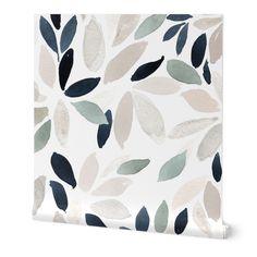 a white and blue wallpaper with leaves painted on it's back side, against a white background