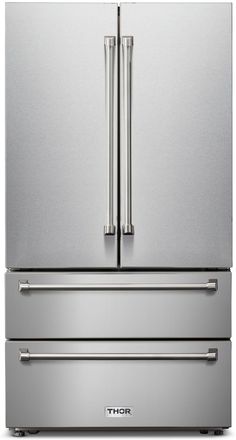 a stainless steel refrigerator freezer with two drawers