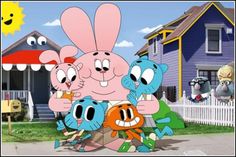 cartoon characters are standing in front of a house