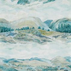 a painting of mountains with trees and clouds