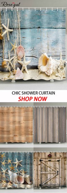 an advertisement for a shower curtain with shells and sea stars on the bottom, along with text that reads chic shower curtain shop now