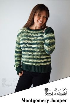 a woman wearing a green and black sweater with the words montgomery jumper written below it