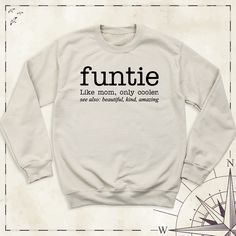 "Funtie Definition Sweatshirt, Auntie Long Sleeve Tees, Aunt Birthday Hoodie, Best Aunt Ever Shirt, Gift for Aunt Shirts, Mothers Day Gift Introducing our exclusive \"Funtie Definition Sweatshirt\"! Celebrate the unique bond between an aunt and her nieces and nephews with this cozy and stylish sweatshirt. Crafted with love and care, this sweatshirt is perfect for all the fun-loving aunties out there. Made from high-quality fabric, our sweatshirt is designed to keep you warm and comfortable all day long. Whether you're spending time with family or going out with friends, our \"Funtie Definition Sweatshirt\" is the perfect choice. Ideal for birthdays, Mother's Day, or just to show your appreciation, this sweatshirt is a must-have for every fun-loving auntie. Get yours now and let the world k Funny Winter Top With Text, Winter Funny Style Top With Text, Winter Funny Text Top, Casual Long Sleeve Birthday Sweatshirt, Casual Graphic Print Sweatshirt For Birthday, Funny Cotton Sweatshirt For Winter, Casual Birthday Sweatshirt With Lettering, Funny Cotton Winter Sweatshirt, Birthday Letter Print Relaxed Fit Sweatshirt