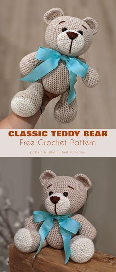 a crocheted teddy bear sitting on top of a wooden box with the text classic teddy bear free crochet pattern