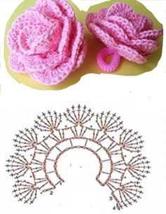 two crocheted items are shown in the shape of a flower and a headband