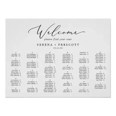 a white wedding seating chart with the names and date in black ink on it's side