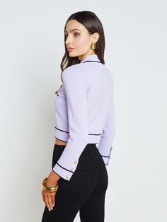 L'AGENCE - Neo Cropped Cardigan in Pale Lilac/Midnight Chic Fitted Sweater With Button Closure, Fitted Cropped Cardigan For Workwear, Elegant Cropped Sweater For Spring, Spring Cropped Sweater With Button Closure, Fitted Cardigan For Work, Elegant Cropped Cardigan For Work, Cropped Sweater For Workwear In Spring, Cropped Sweater For Spring Workwear, Elegant Spring Cropped Sweater