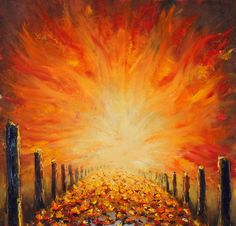 an oil painting of a sunset over a road with autumn leaves on the ground and fence posts in the foreground