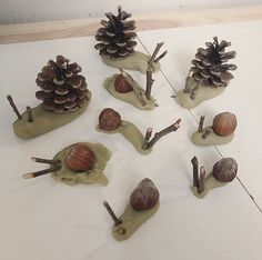 several snails and some pine cones on a table