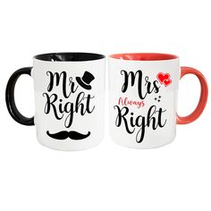 two coffee mugs with the words mr and mrs right next to eachother