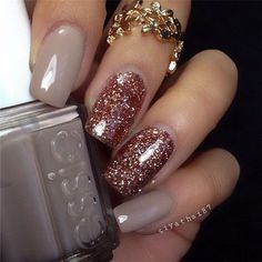 Rose Gold Glitter Nail Art Design. Manicure, Glitter, Nails, Ring, Gold, Art