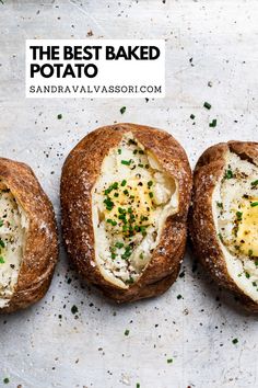 three baked potatoes with eggs in them on a white counter top next to the words the best baked potato