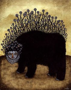 a painting of a black bear with flowers on its head