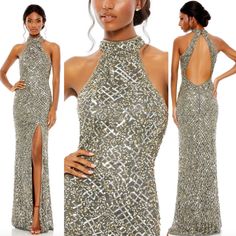 Mac Duggal Platinum Halter Neck Cutout Back Sequined Gown 4112 Size 4 New Hand Embellished Sequins In A Crosshatch Pattern On Mesh Overlay Halter Neckline Breast Pads Side Slit Column Silhouette Sleeveless Open Back Concealed Back Zipper Sweeping Train Maxi Length Lined Lightweight Style# 4112 Please Note, Due To The Heavy Embellishment And Delicate Nature Of These Dresses, Some May Have Minor Beads/Sequins Missing Or Pulls In Fabric. Major Flaws Will Be Disclosed. New, With Tag Approx Measureme Spaghetti Strap Gown, Sequined Gown, Wedding Guest Formal, Apple Dress, Mother Of Groom Dresses, Mac Duggal Dresses, Groom Dresses, Lace Wrap, Floral Gown