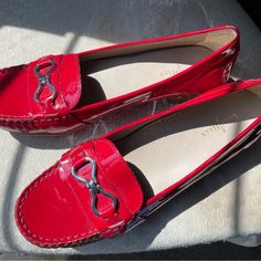 Excellent Condition Almost Like Brand New Casual Loafers With Red Sole And Flat Heel, Casual Patent Leather Loafers With Flat Heel, Casual Loafers With Red Sole, Casual Patent Leather Closed Toe Loafers, Casual Patent Leather Flats, Casual Flats With Red Sole For Workwear, Casual Red Loafers With Round Toe, Casual Flat Loafers With Red Sole, Red Casual Moccasins With Branded Insole