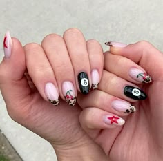 8ball cheetah cherry star nail inspo Nail Number Art Designs, Street Nails Designs, San Francisco Nails, Odd Nail Designs, Cmbyn Nails, I Love Ny Nails, Nails With Different Designs On Each, Crazy Design Nails, New York City Nails