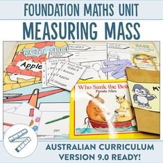 an australian book with the title foundation math unit measuring mass, which is surrounded by books and pencils