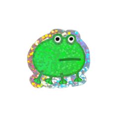 a green frog with glitters on it's body and eyes, sitting in front of a white background