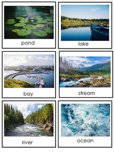 the four pictures show different types of water and land, with words in each one