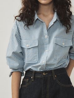 Relaxed-fit shirt in soft cotton. Turn-down collar, buttons at front, and yoke at back. Chest pocket with flaps, long sleeves, and button at cuffs. Gently rounded hem. - Gingham check- Collar- Long sleeves Blue Classic Shirt With Patch Pockets, Classic Blue Shirt With Patch Pockets, Blue Shirt With Patch Pockets And Spread Collar, Blue Button-up Shirt With Patch Pockets, Blue Button-up Top With Patch Pockets, Blue Workwear Tops With Buttoned Pockets, Blue Workwear Top With Buttoned Pockets, Everyday Button-up Shirt With Patch Pockets, Blue Spring Shirt With Patch Pockets