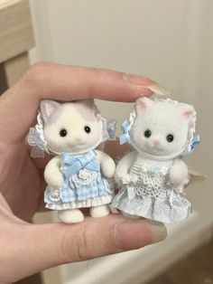 two small white kittens in blue dresses are held up by someone's hand