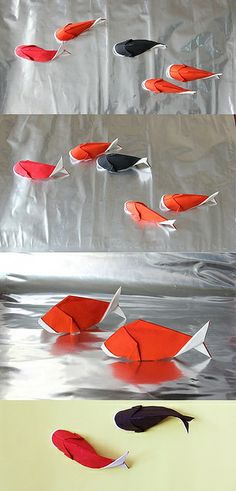 four different views of an origami fish in various stages of being folded and placed on aluminum foil